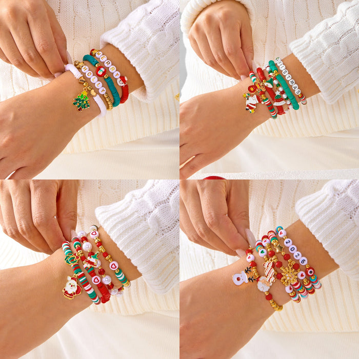 Wholesale Multi-layer stacking Christmas bracelet set personalized colorful polymer clay crystal elastic rope holiday bracelet