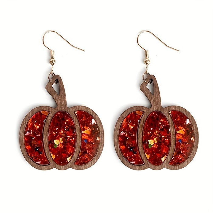 Wholesale Halloween Autumn Pumpkin Wood Inlay Sequin Earrings JDC-ES-XiYin001