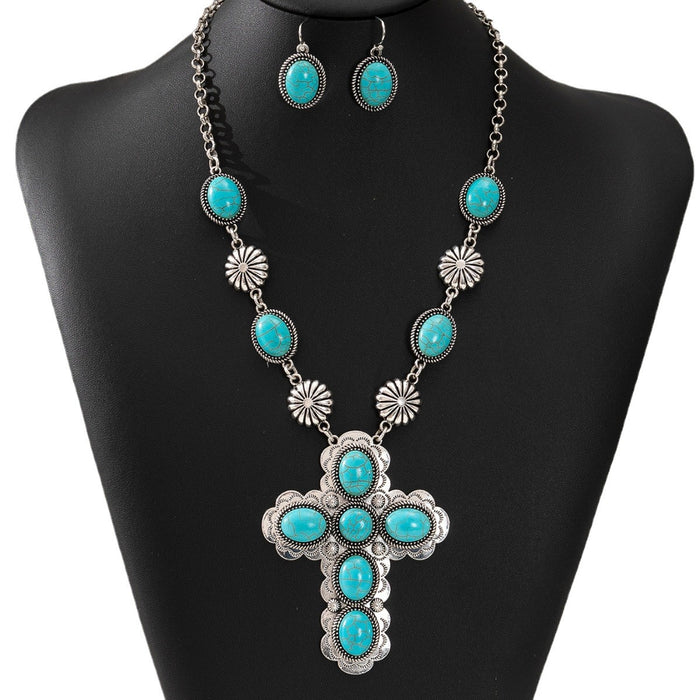 Wholesale Vintage Western Cross Turquoise Jewelry Set Alloy Necklace Earrings