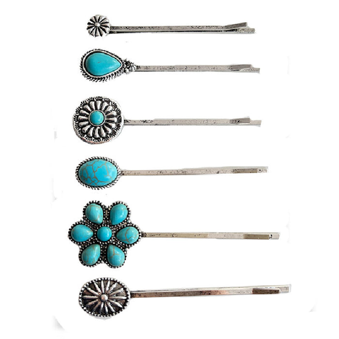 Wholesale 2pcs Retro Turquoise Alloy Flower Ethnic Style Western Head Clip One Word Clip JDC-HC-HeYi001