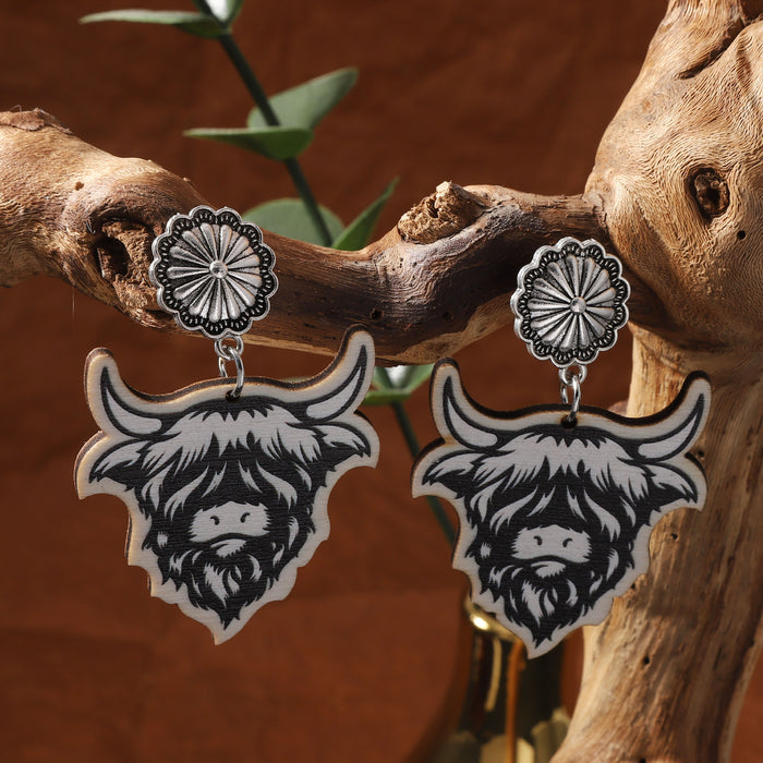 Wholesale Western Denim Style Printing Wooden Creative Farm Highland Cattle Ear Drop
