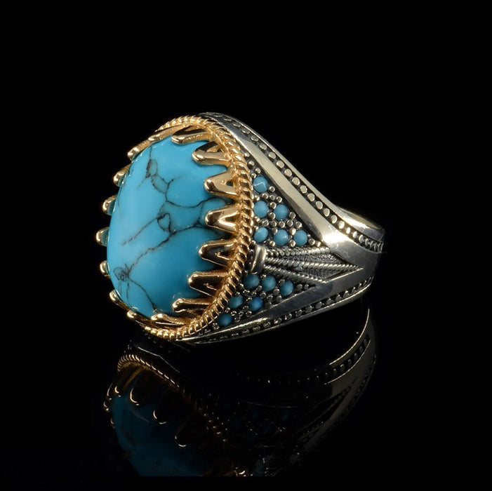 Wholesale Men' s Two-Tone Alloy Ring with Faux Turquoise Inlay