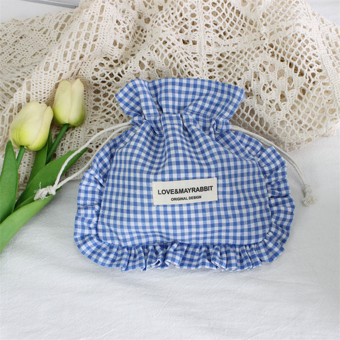 Wholesale Stylish Pink Plaid Drawstring Pouch With Lace Trim Multipurpose Travel Storage Bag For Makeup Brushes Fashion Accessory For Boutique Resale