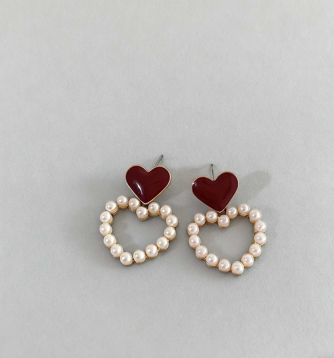 Wholesale Burgundy vintage floral heart stud earrings