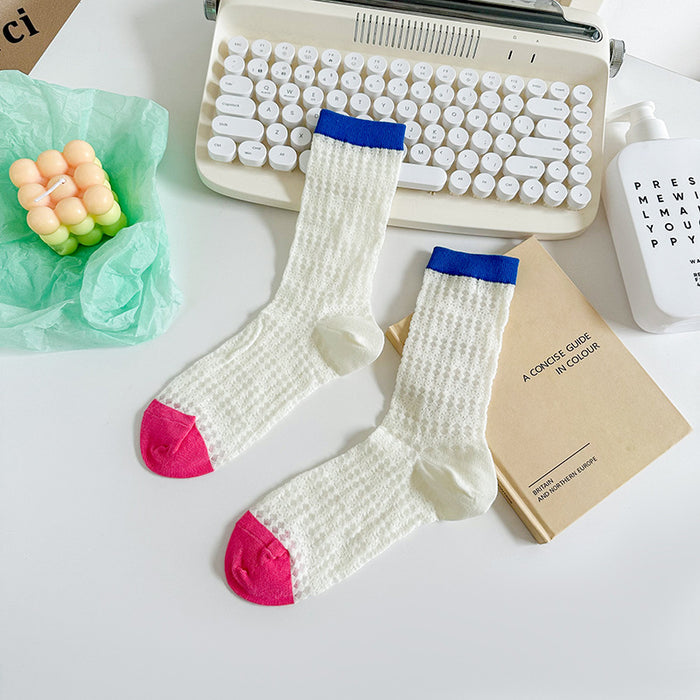 Wholesale Thin mesh breathable mid tube socks with trendy contrasting colors, long tube pile socks