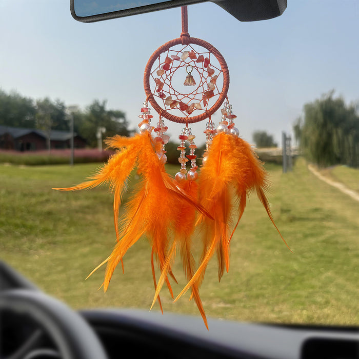 Wholesale Crystal Stone Dream Catcher Car Pendant Feather Wind Chime Rearview Mirror Decorative Accessory MOQ≥2