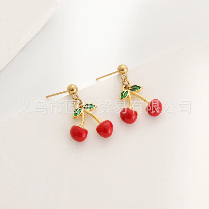 Wholesale Sweet fruit series strawberry cherry oil drop pendant stainless steel earrings necklace jewelry suit