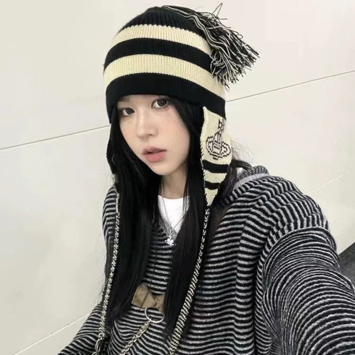 Wholesale Cartoon Saturn Hat Women's Tassel Shown Face Small Ear Protection Knitted Wool Hat Warm in Autumn and Winter