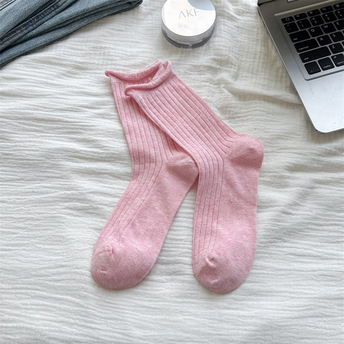 Wholesale Curled edge drawstring socks, stacked socks, middle tube cotton socks