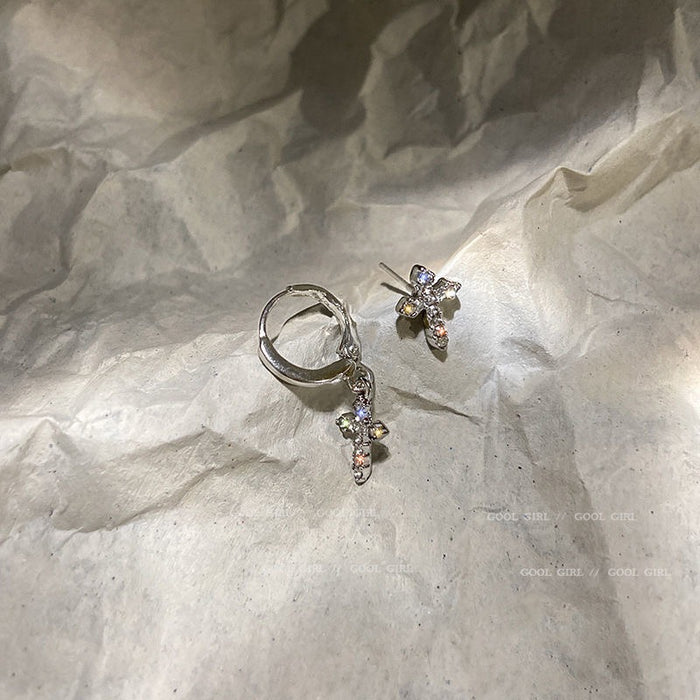 Wholesale Silver Needle Asymmetric Diamond Cross Earpin Charm Earclip Fashion Earaccessory