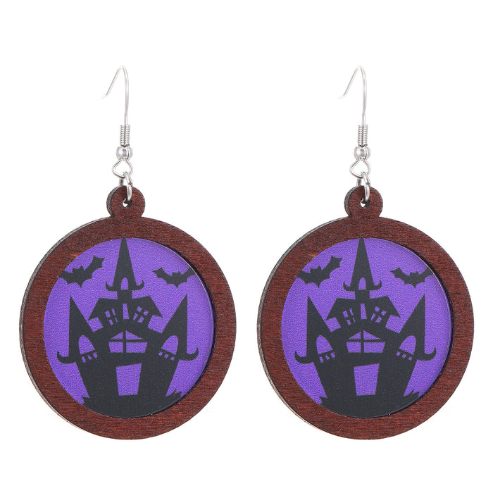 Wholesale Wooden Round Drop Earrings Castle Pumpkin Ghost Wizard Halloween Earrings
