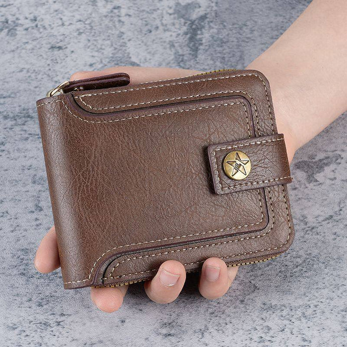 Wholesale Men' s PU Leather Retro Wallet with Car ing Zipper Closure and Coin Pocket