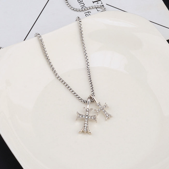 Wholesale  Full Diamond Double Cross Necklace Personality Retro  Chain  Jewelry Necklaces