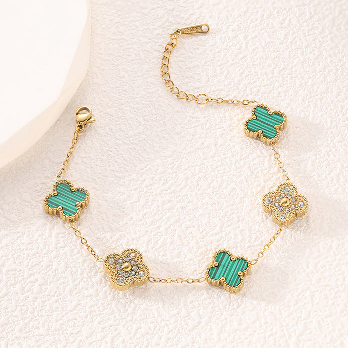 Wholesale Four leaf clover light luxury design double-sided five flower bracelet with diamond inlaid and flower titanium steel