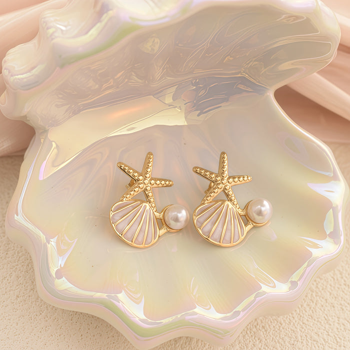 Wholesale Stainless Steel Starfish Shell Pearl Earrings Marine  style Earrings