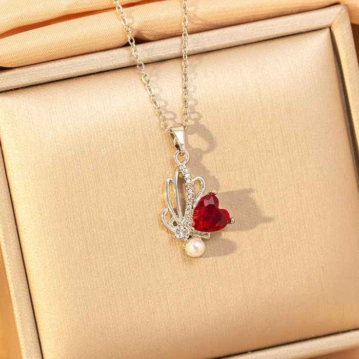Wholesale Titanium steel necklace with red zircon