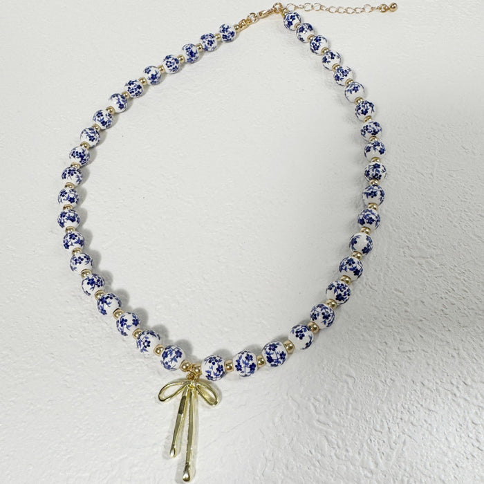 Wholesale Chinese Style Blue White Porcelain Ceramic Bead Butterfly Bow Necklace Fashion Accessory MOQ≥5