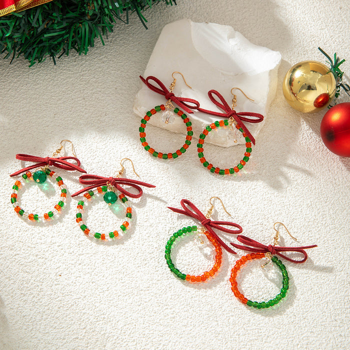 Wholesale Christmas Bow Glass Bead Earrings Handmade Jewelry Accessory MOQ≥2
