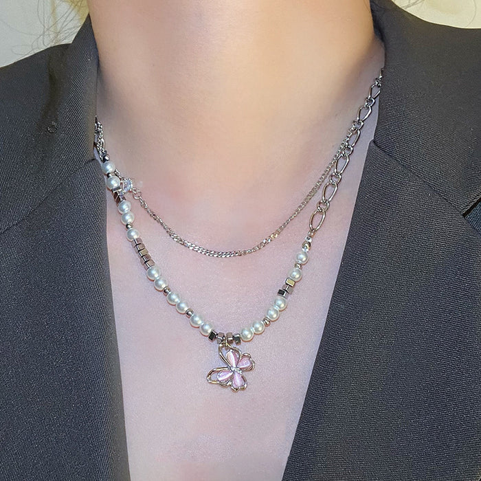 Wholesale New Zircon Pearl Cat Eye Stone Butterfly Necklace Double layered Pendant Clavicle Chain Beads