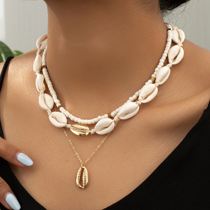 Wholesale Multi layer shell necklace, women's fashionable rice bead necklace, collarbone chain set