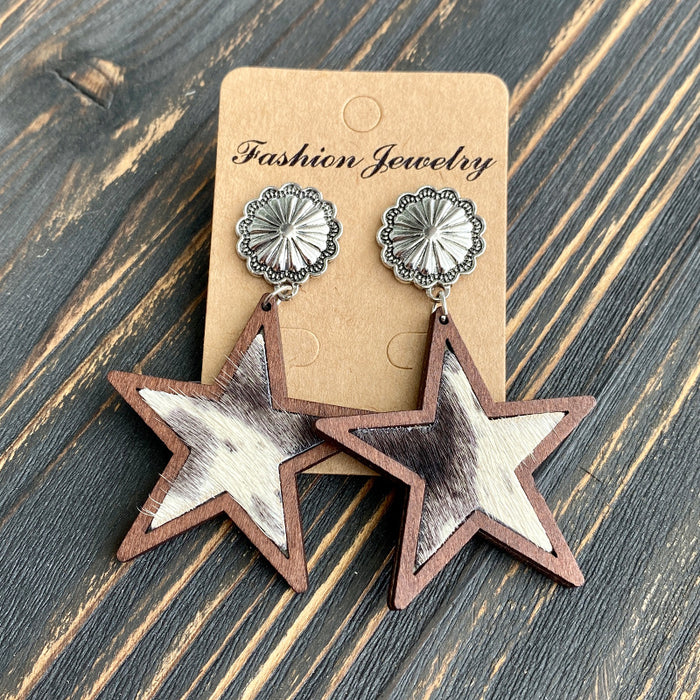 Wholesale Western Denim five-pointed star Natural genuine leather earrings leopard print milk pattern inlaid earrings