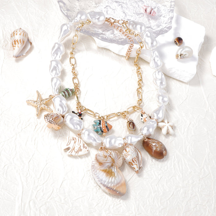 Wholesale Imitation pearl ceramic alloy conch shell double-layer stacked women's necklace