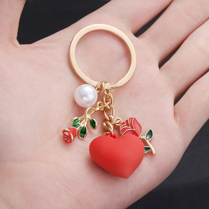 Wholesale Heart-shaped rose pearl pendant metal keychain