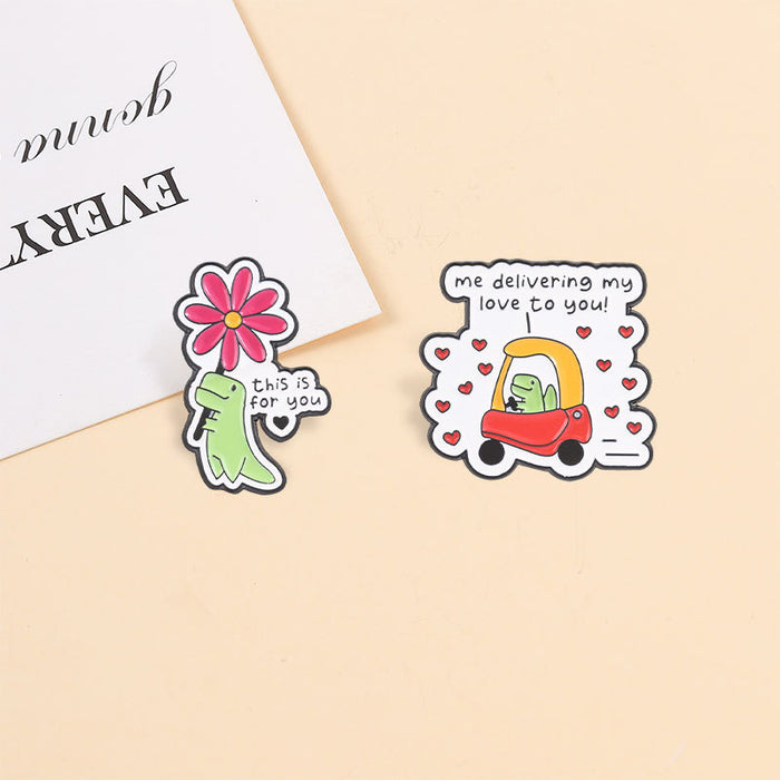 Wholesale Me Delivering My Love Cute Dinosaur Brooch Flowers Design Zinc Alloy Pin