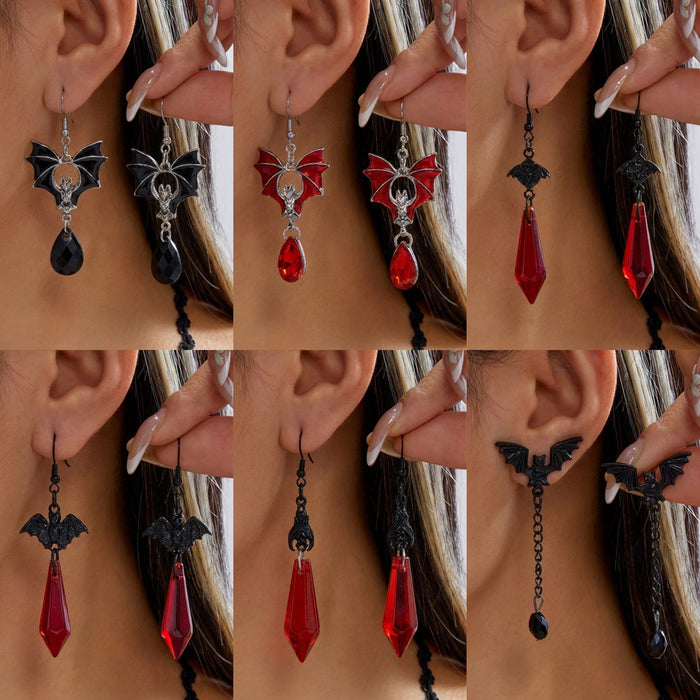 Wholesale Gothic Bat Wing Necklace and Earring Set Black Red Rhinestone Vintage Metal Chain