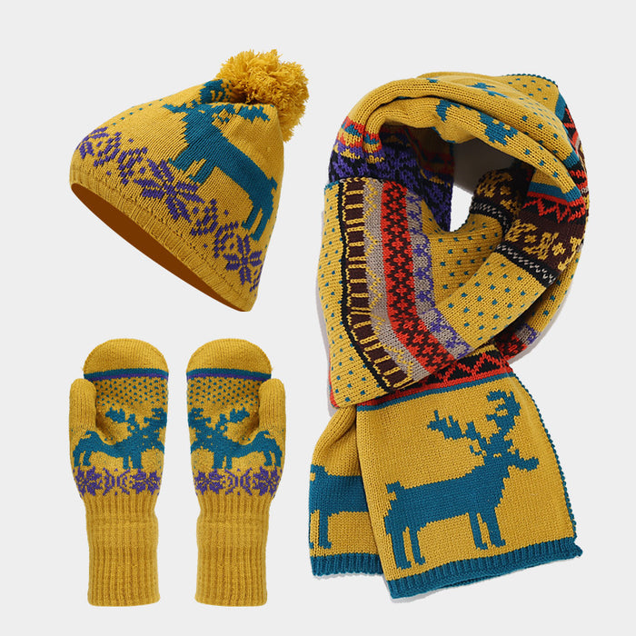 Wholesale Christmas reindeer jacquard knitted winter hat set