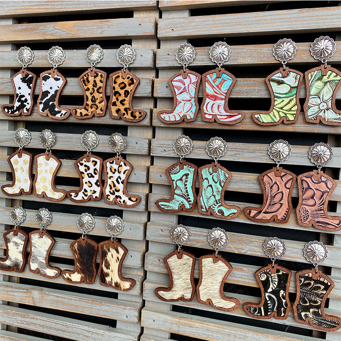 Wholesale Western Denim boots earrings classic leopard leather inlaid wood texture earrings