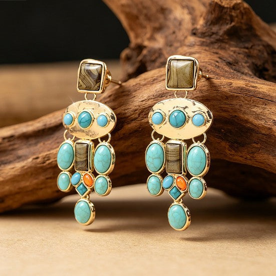 Wholesale Ethnic Style Turquoise Tassel Earrings Creative Vintage Earrings Long Style with Inlaid Turquoise