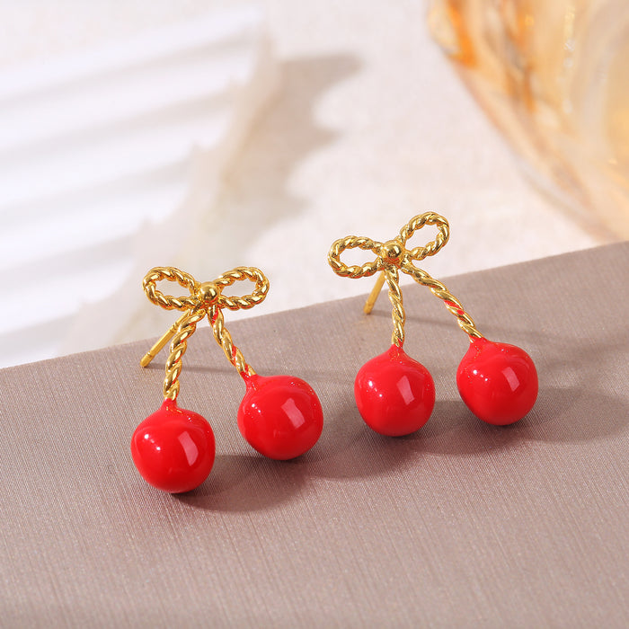 Wholesale Oil Drop Cherry Bow Earrings Cute Heart Elegant Personalized Design Earrings