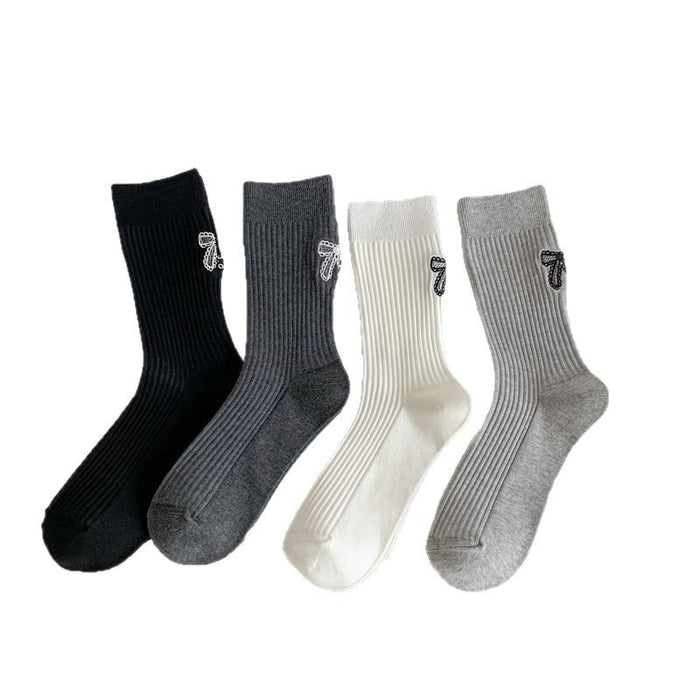 Wholesale Pile up socks, bow embroidery, mid length socks, embroidered cotton socks