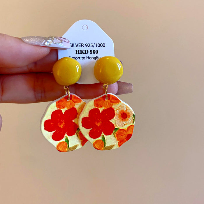 Wholesale Silver Acrylic Irregular Flower Earrings Pastoral Oil Painting Sweet  All-match Earrings