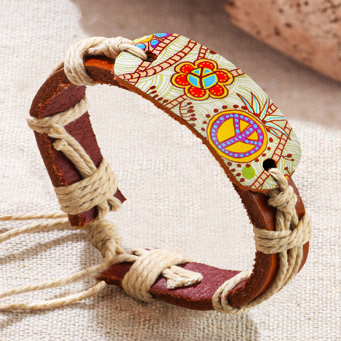 Wholesale Leather Ethnic Style Heat Transfer and Peace Symbol Totem Color Bracelet JDC-BT-QiN018