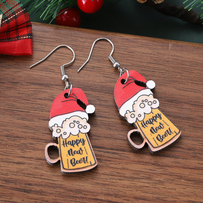 Wholesale New Year Beer Mug Wooden Double-Sided Earrings Holiday Party Gift