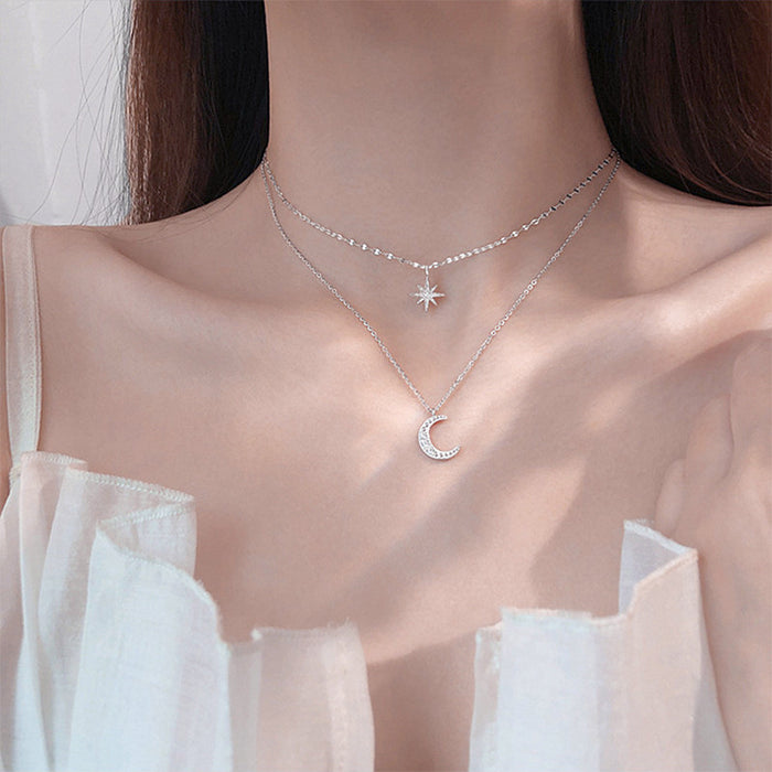 Wholesale Silver sparkling diamond starry moon double layered necklace, niche collarbone chain design, light luxury necklace