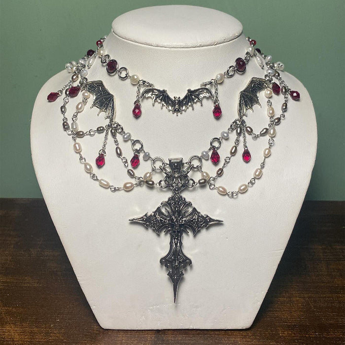 Wholesale Dark Heavy Industry Gothic Cross Necklace Vampire Bat Halloween Necklace