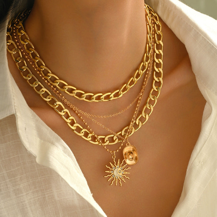 Wholesale Multi-Layer Sun Pendant Necklace Gold Alloy Trendy Fashion Accessory