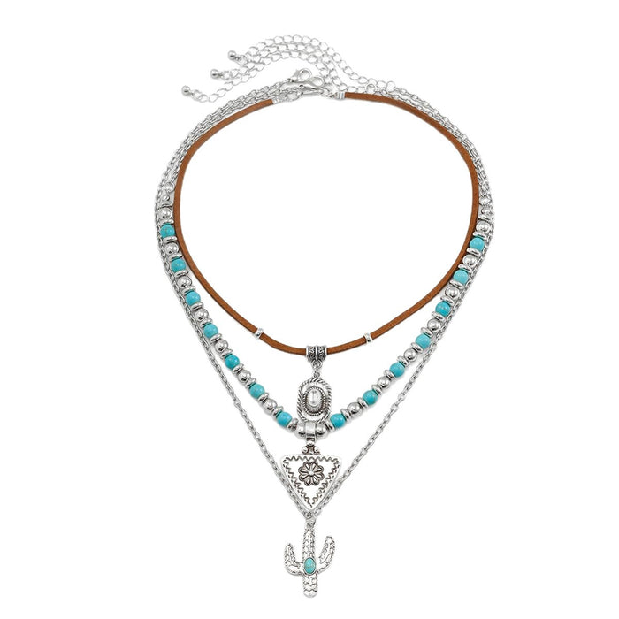 Wholesale Western Cowboy Pine Stone Necklace Stacked Set Necklace Cactus Boots Pendant Ethnic Style Retro Necklace