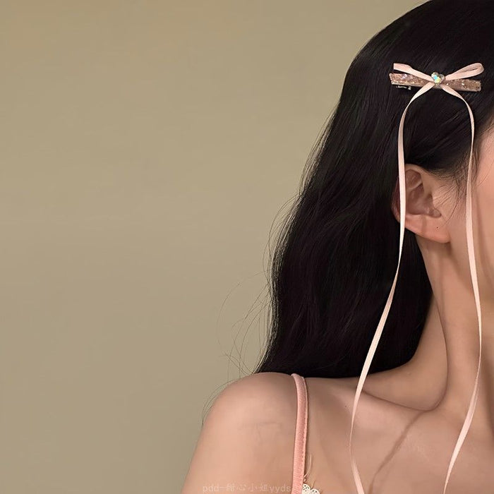 Wholesale Pink Sweet Diamond Hairpin Bow Ribbon Side Clip Hairpin