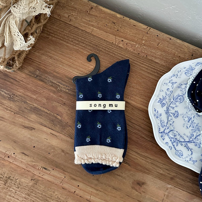 Wholesale Retro navy blue bow socks, children's mid length socks, pure cotton socks