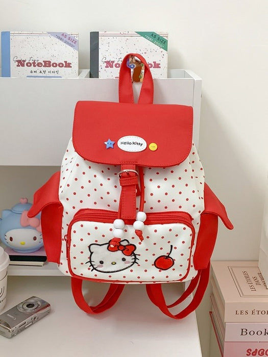 Wholesale Large capacity polka dot flap backpack with cute red kitten design
