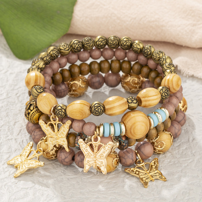 Wholesale Boho Style Multi-Layered Wood Beads Beaded Butterfly Pendant Bracelet JDC-BT-FeiYa006