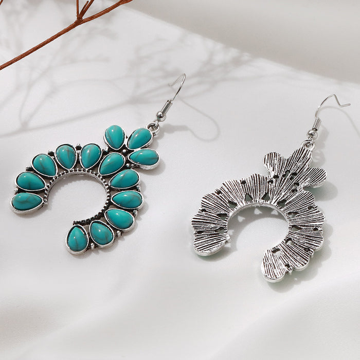 Wholesale vintage personality fan hollow turquoise earrings