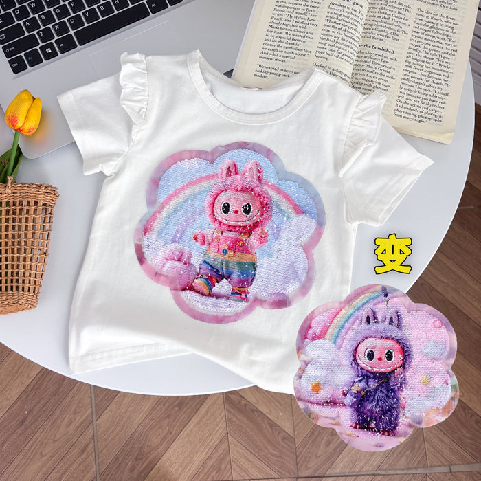 Wholesale New summer children' s clothing for girls,  double-sided color-changing sequined short-sleeved T-shirt with cartoon bottoming shirt