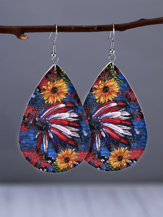 Wholesale Water Drop Shape Leather Sunflower Leaf Stripe Print Earrings JDC-ES-YiTian009