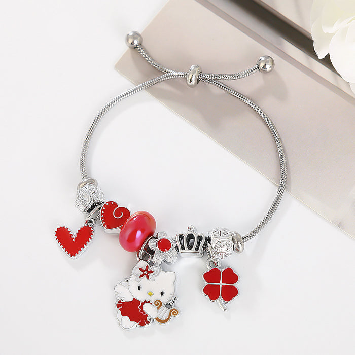 Wholesale Cartoon beaded heart and lucky four-leaf clover adjustable bracelet