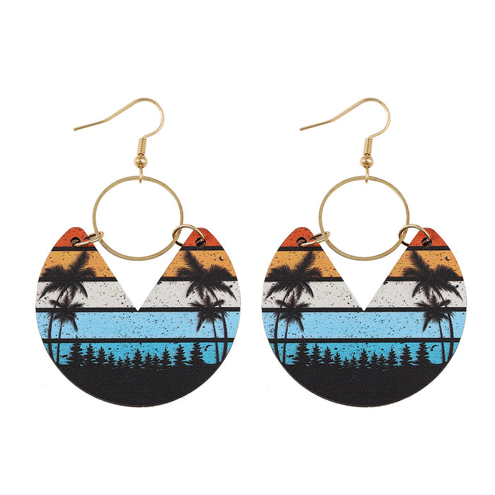 Wholesale Blue dyed printed earrings Bohemian earrings double-sided wooden geometric stripes splicing female earrings